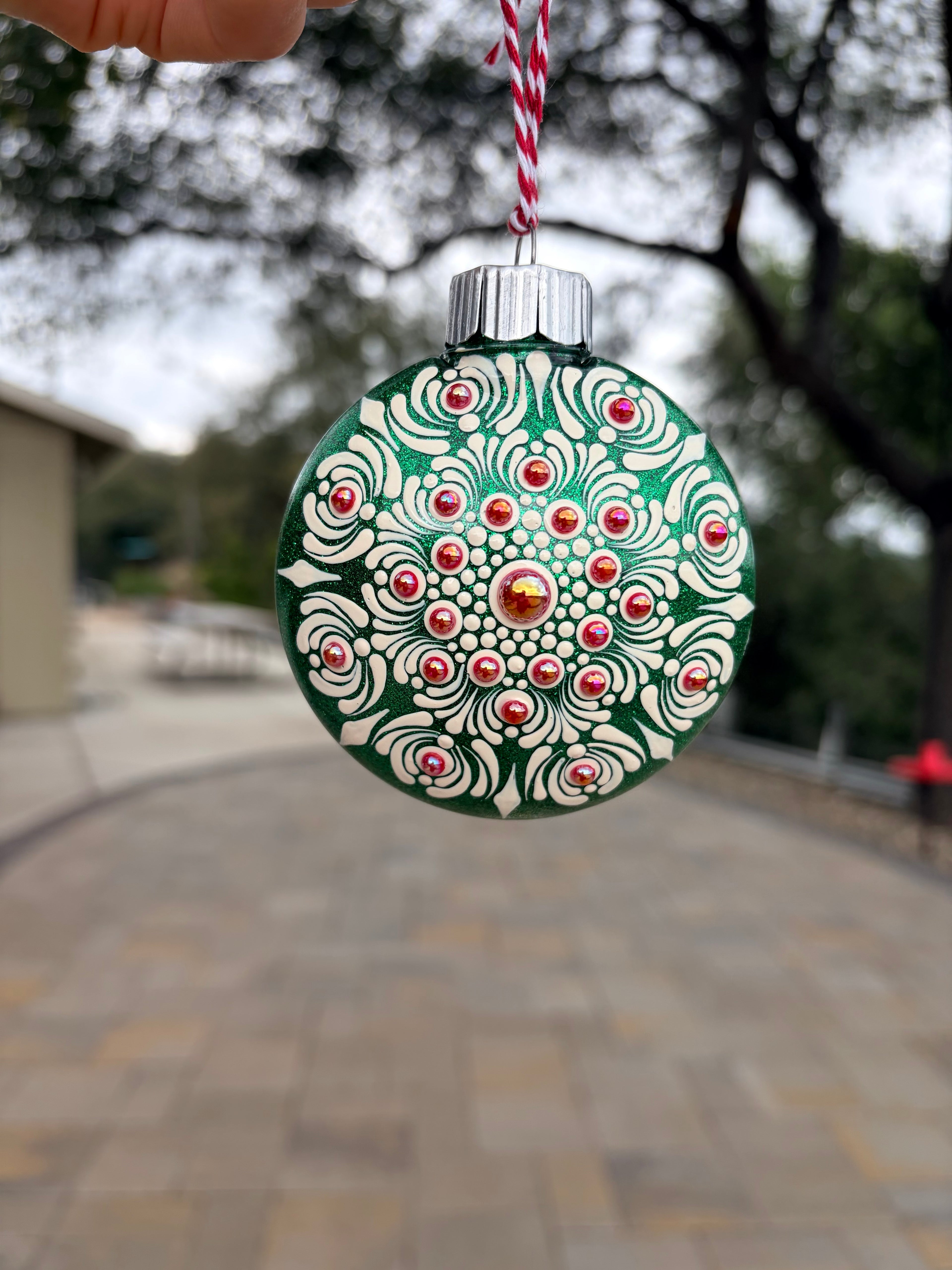 Hand Painted Ornament in Green/off white w/pearls